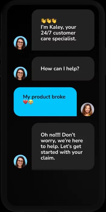 Cell phone showing a conversation between a customer and a customer service representative