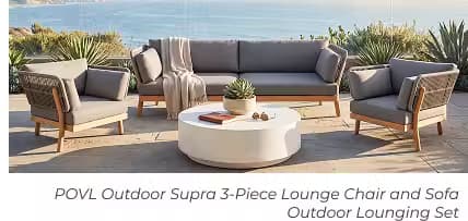Modern outdoor sofa and lounge chairs around a round coffee table on a coastal patio with panoramic ocean views.