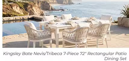 White outdoor dining table with six woven chairs set for a meal beside an infinity pool overlooking the coastline.